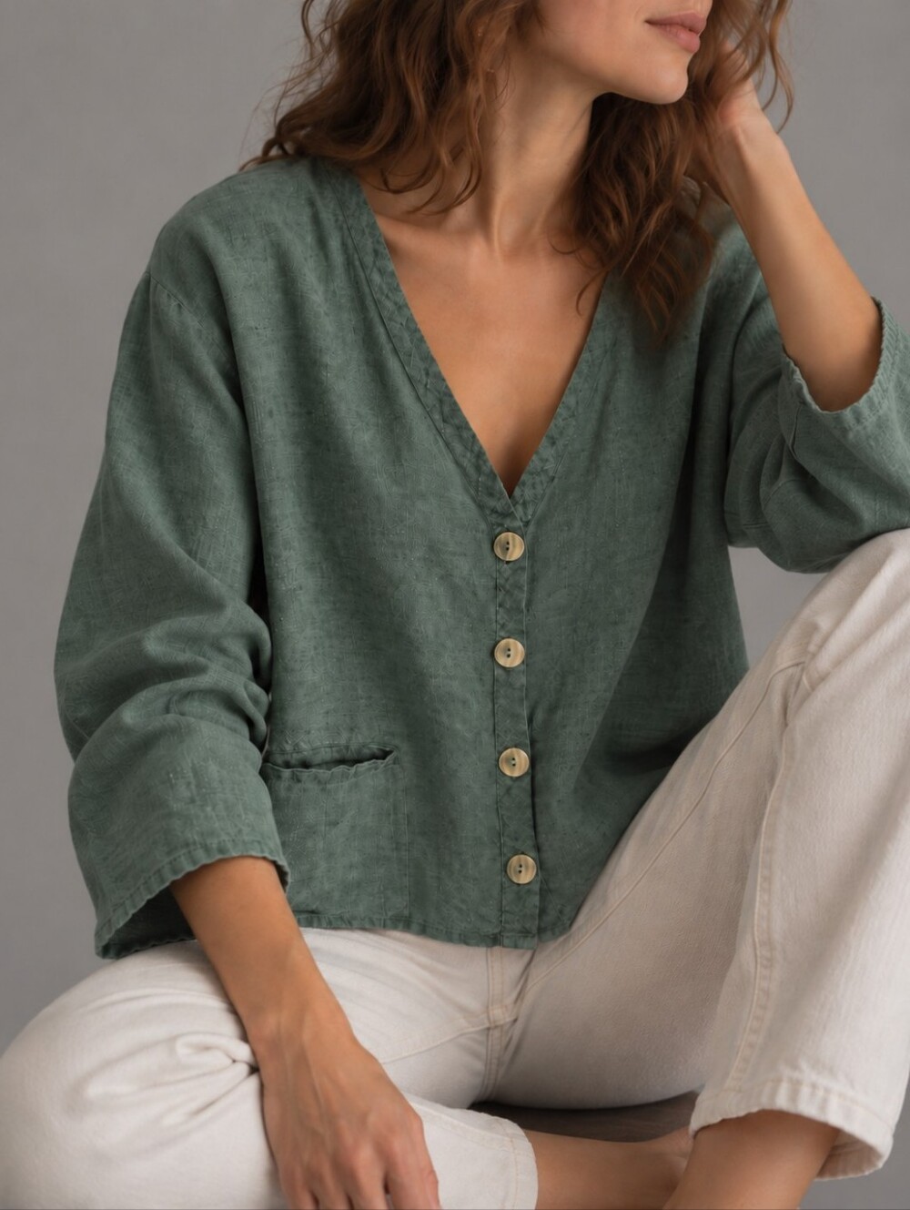 FLAX by Jeanne Engelhart Sage Green Linen Button Front Top Womens Medium